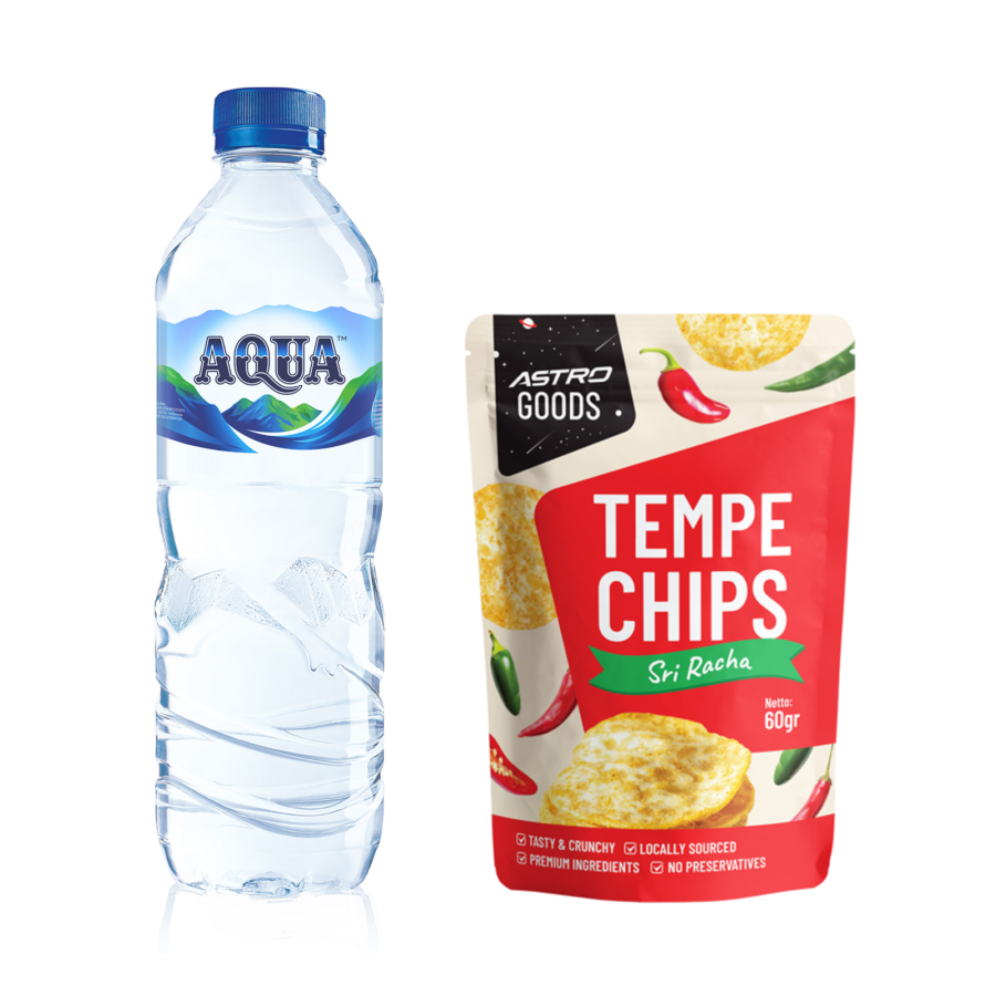[Bundle] Aqua 600 ml & Tempe Chips Sri Racha Sauce 60gr - Astro Goods/Keripik Tempe
