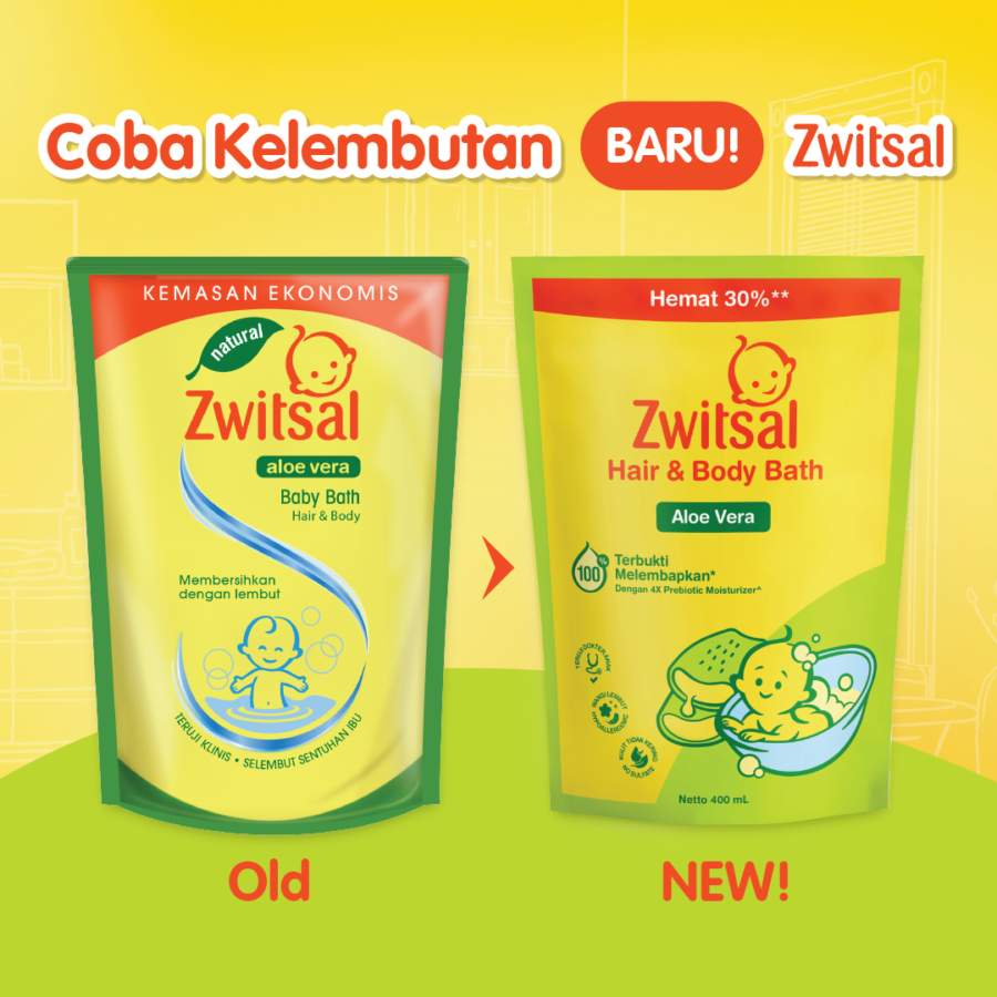 Bundle 2 Zwitsal Aloe Vera Baby Hair & Body Wash 400 ml 1pcs