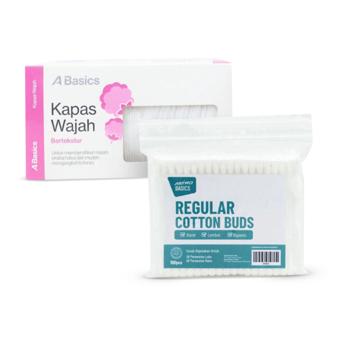 Kapas Wajah Bertekstur - A Basics 80 pcs & Regular Cotton Buds - Astro Basics 100 Stick