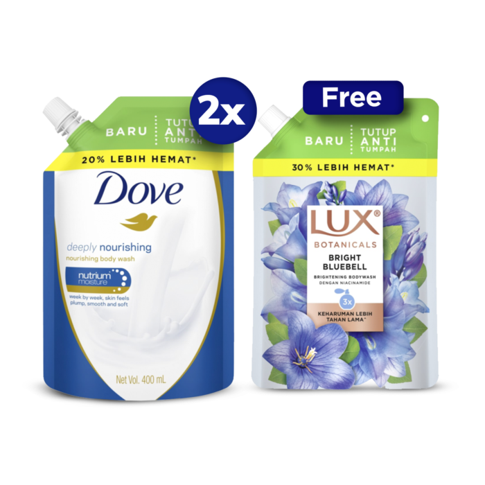 Buy 2 Dove Deeply Nourishing Body Wash Pouch 400 ml Free Lux Botanicals Bright Bluebell Niacinamide Body Wash 400 ml