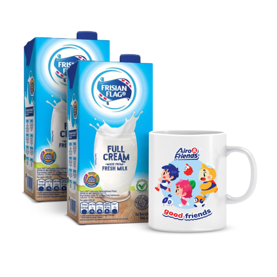 [Bundle] 2 Frisian Flag Family UHT Milk Full Cream/Susu UHT 946ml + 1 Mug Airo & Friends