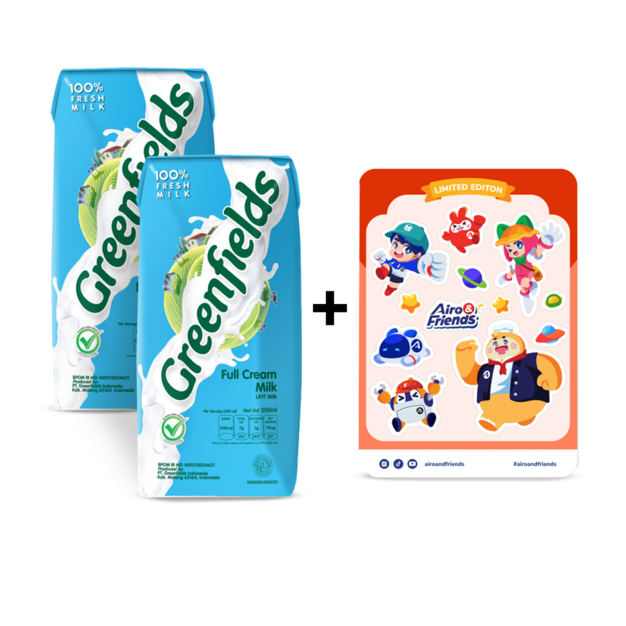 [Bundle] 2 Greenfields Susu UHT Full Cream Milk /UHT Milk 200 ml + 1 Merchandise Astro Club - Sticker Sheet Airo & Friends - Vacation