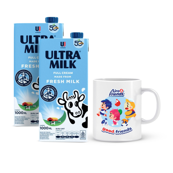 [Bundle] 2 Ultra Milk UHT Full Cream/Susu UHT 1000ml + 1 Mug Airo & Friends