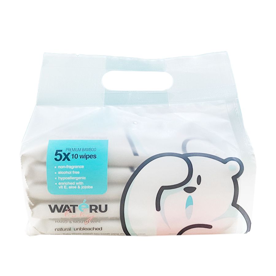 Wateru Baby Bamboo Hand & Mouth Wet Wipes Mini Size 10 Sheets 5 pcs 5pcs