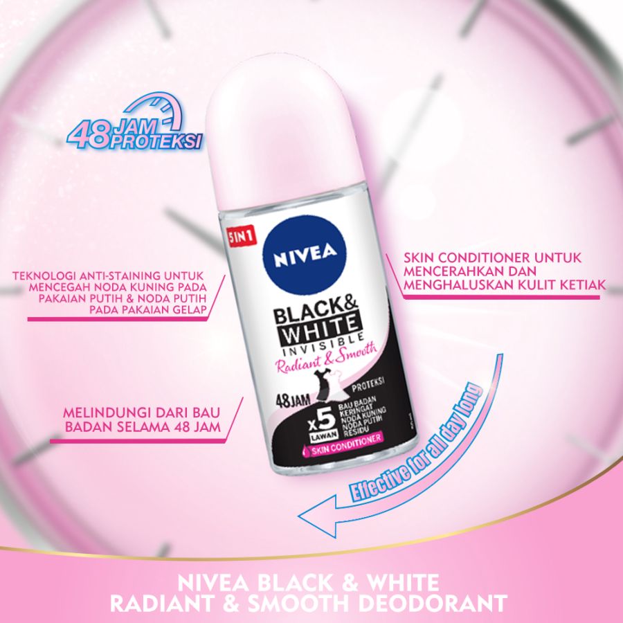 NIVEA Deodorant Black & White Invisible Radiant & Smooth Roll-On 50ml