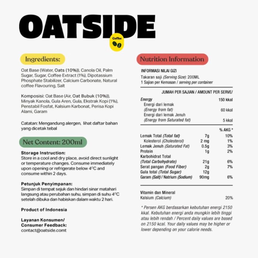 Oatside Oat Milk Kemasan Straw Coffee 200ml 1 Dus 12 Pcs/Susu Oat 1pcs