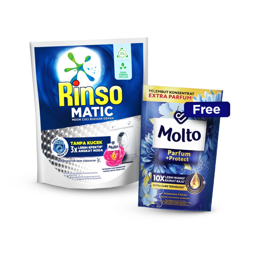 Bundle Rinso Matic Liquid Detergent Front Load 1.45 & Molto All in 1 Biru Pouch 650ml