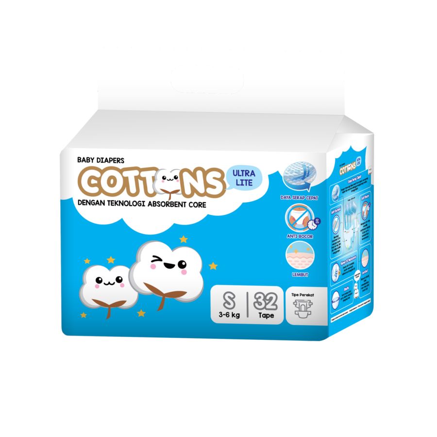 Cottons Baby Ultra Lite S32 Diapers Tape 1packs