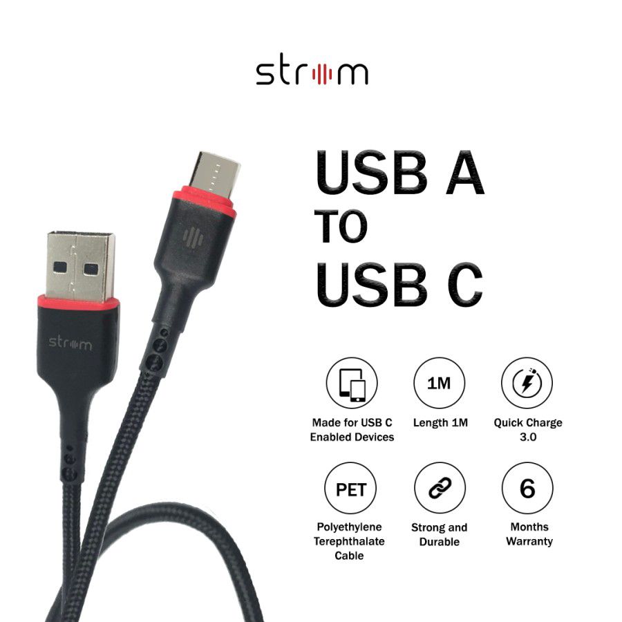Strom Charger Cable USB Type A to USB Type C 1 M Black 1pcs