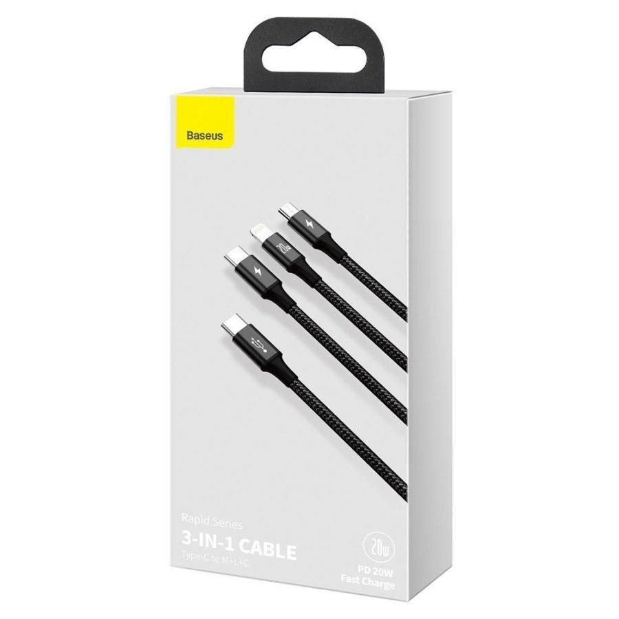 [INVALID] Baseus Rapid Series 3-in-1 Fast Charging Data Cable Type-C to C+L+C PD 20W 1.5m Black