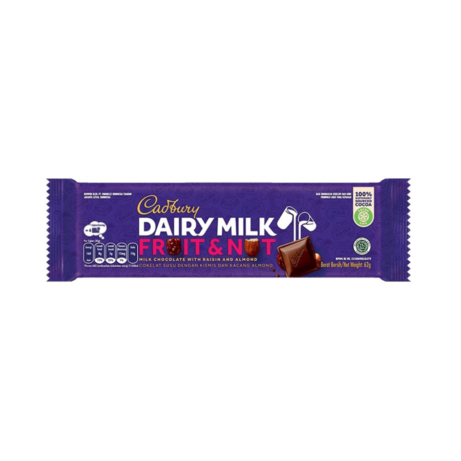 Cadbury Dairy Milk Fruit & Nut/Coklat/Cokelat 62gram