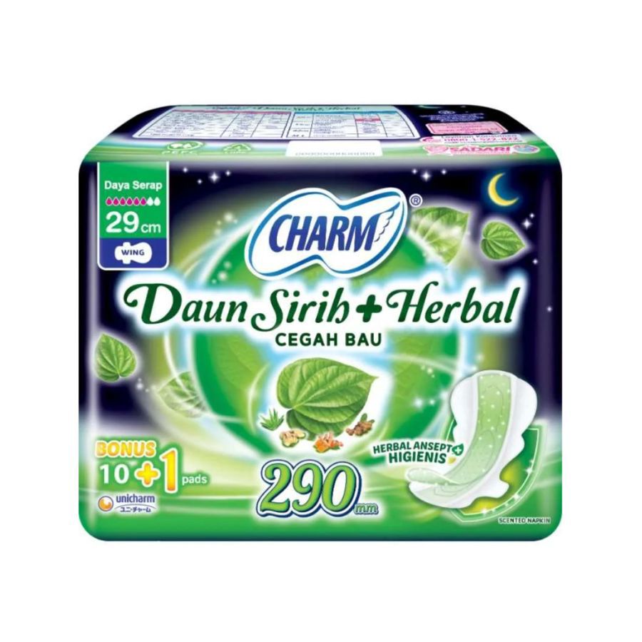 Charm Daun Sirih Herbal Wing 29cm 10+1pads/Pembalut Wanita 1packs