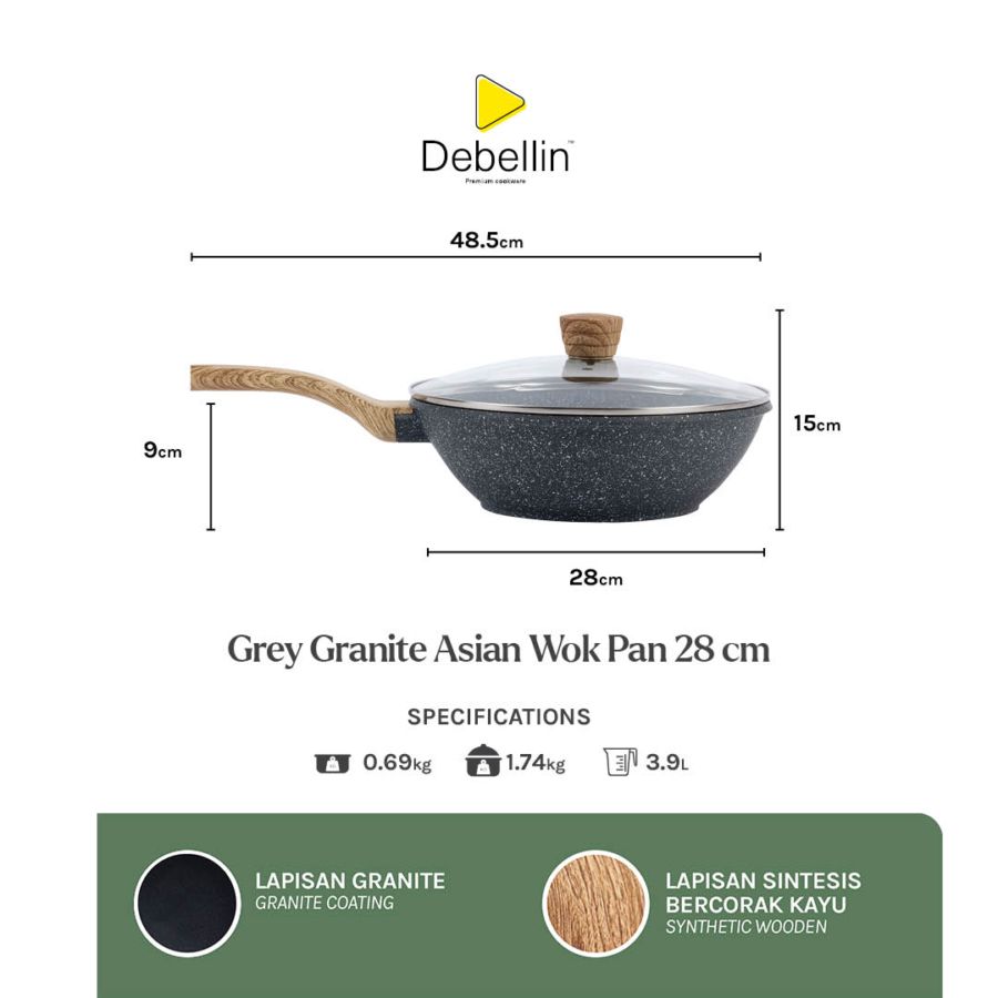 Debellin Premium Cookware Grey Wok Pan 28 cm Induksi Anti Lengket 1pcs