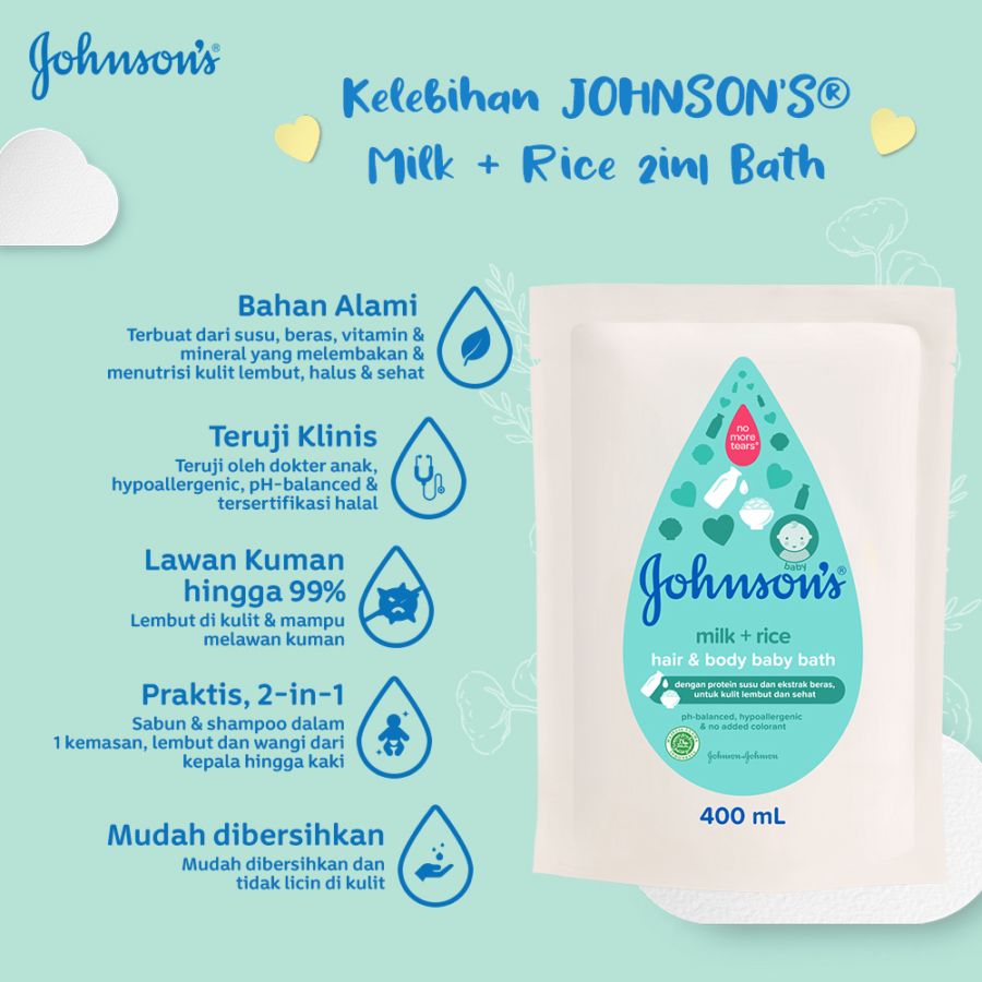 Johnson's Baby Hair & Body Baby Bath Milk + Rice Pouch 400ml