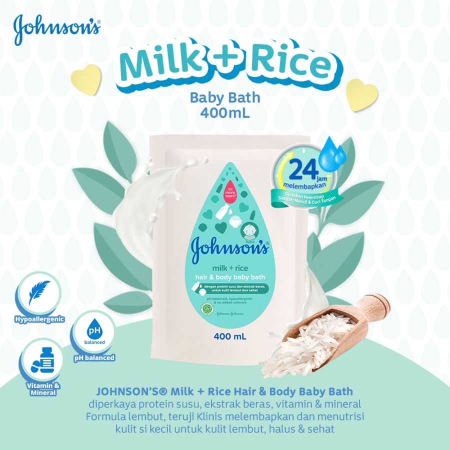 Johnson's Baby Hair & Body Baby Bath Milk + Rice Pouch 400ml