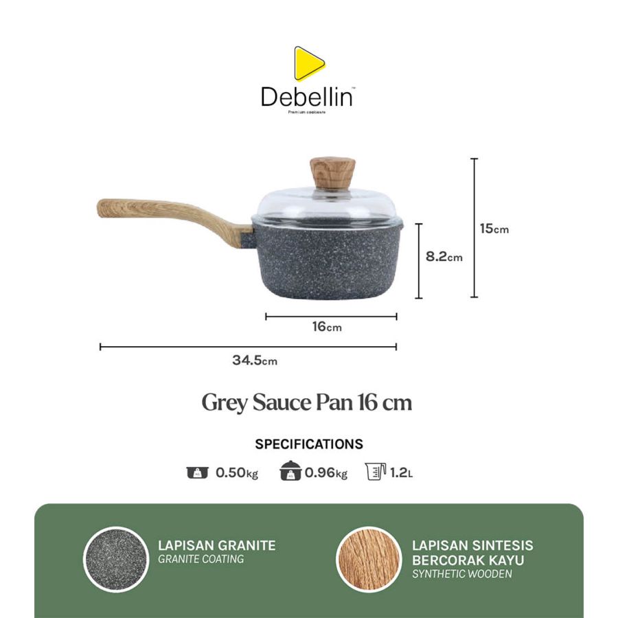 Debellin Grey Sauce Pan 16 cm Panci Granite Anti Lengket Premium 1pcs