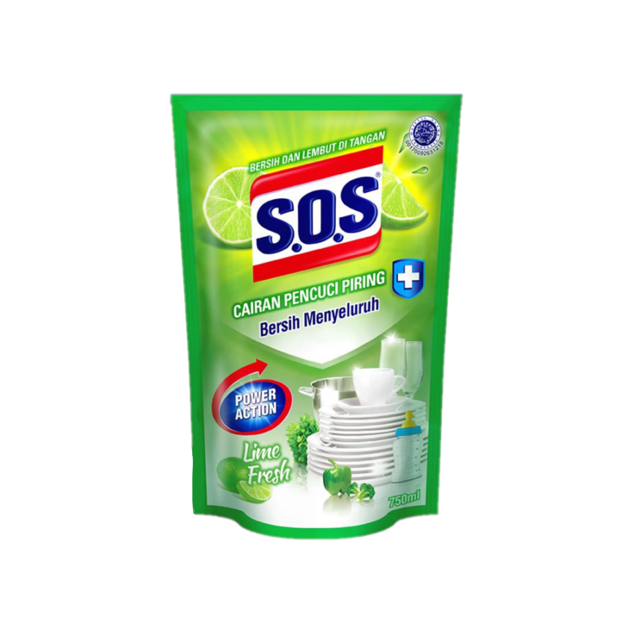 SOS Dishwash Liquid Lime Pouch 750ml/Sabun Cuci Piring 750ml