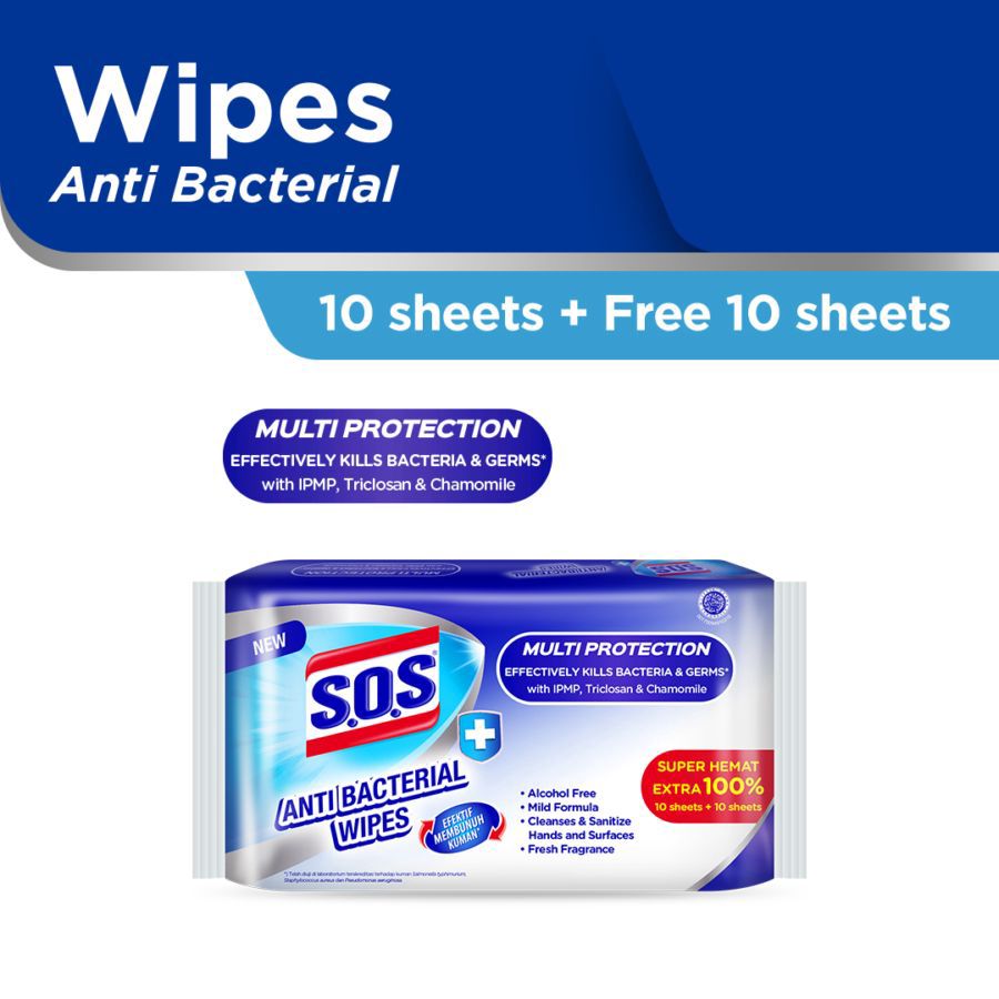 SOS Wipes Antibacterial All in One /Tisu Basah Antibakteri 10sheets