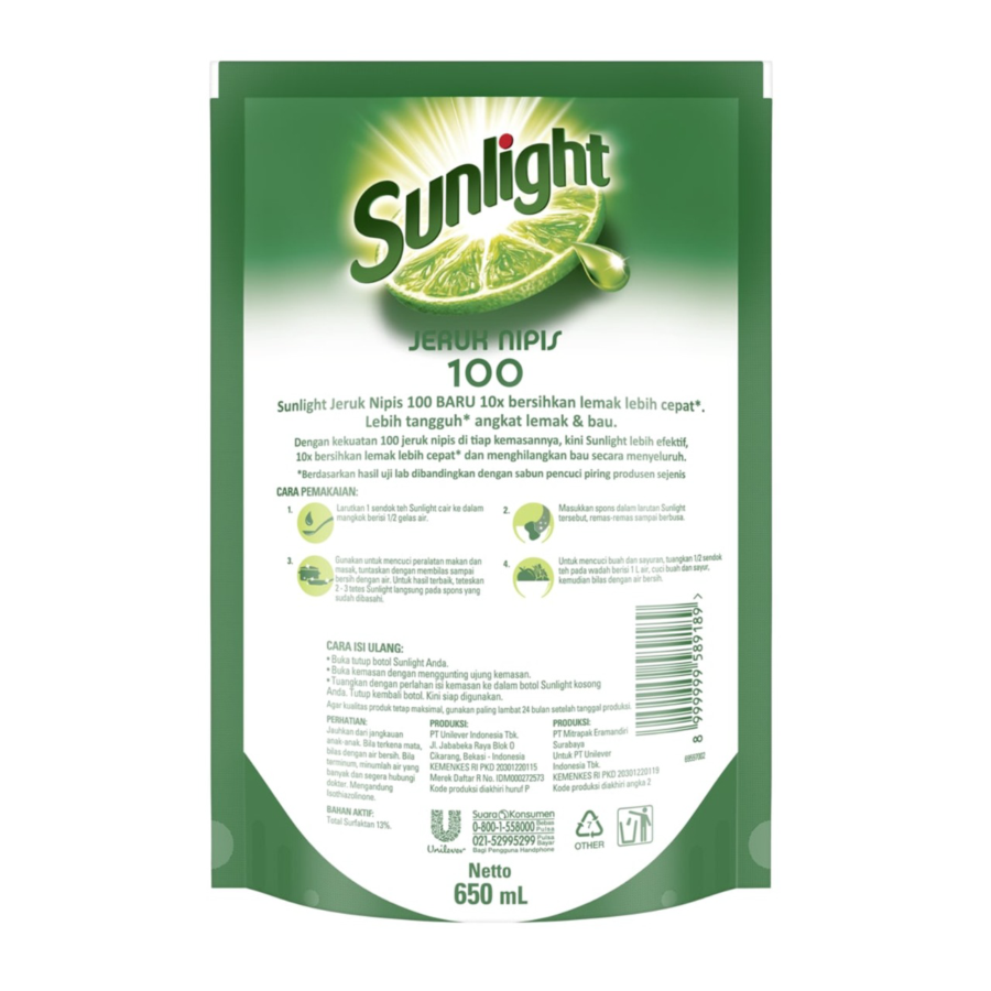 Sunlight Jeruk Nipis Sabun Cuci Piring - 650ml/Sabun Cuci Piring 650ml