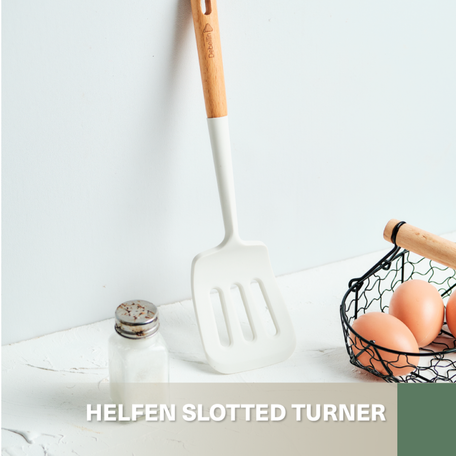 Debellin Spatulla Helfen Slotted Turner Wooden Silicon Food Grade Peralatan Masak 1pcs