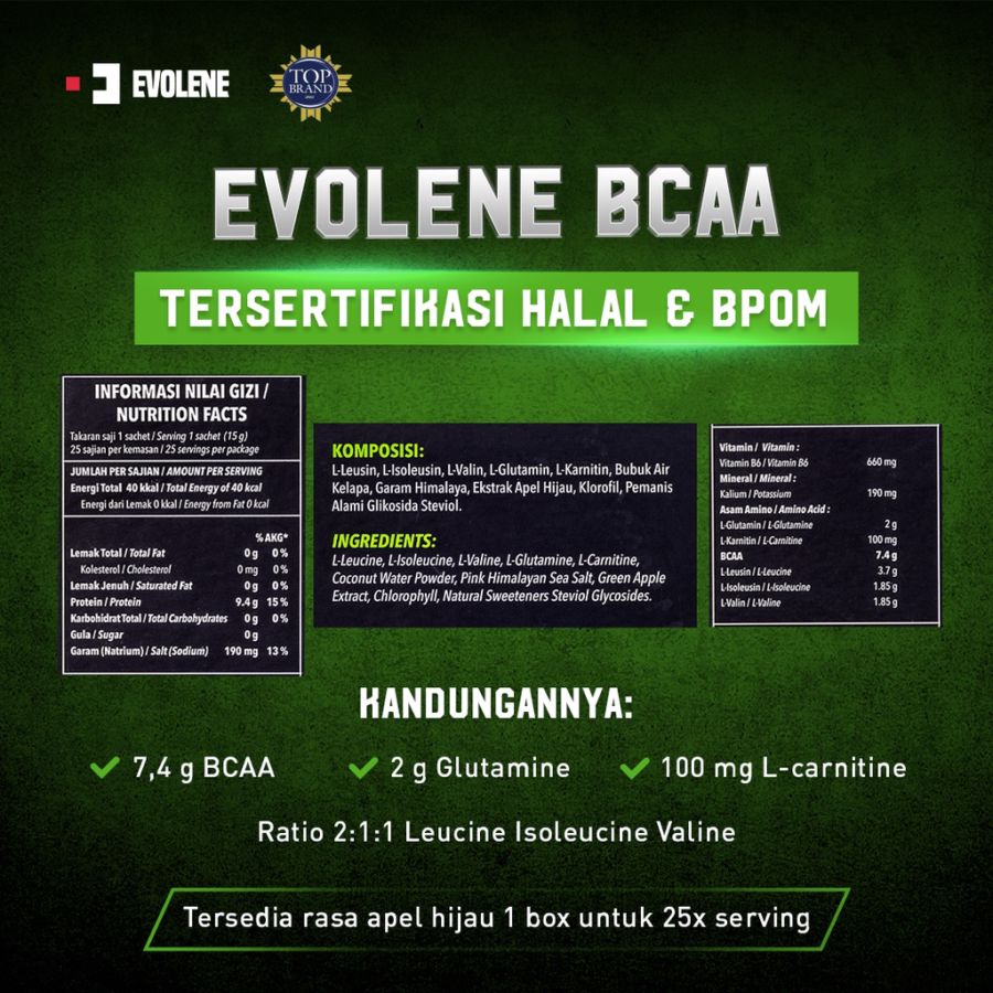 Evolene BCAA Green Apple Suplemen Workout 25 S