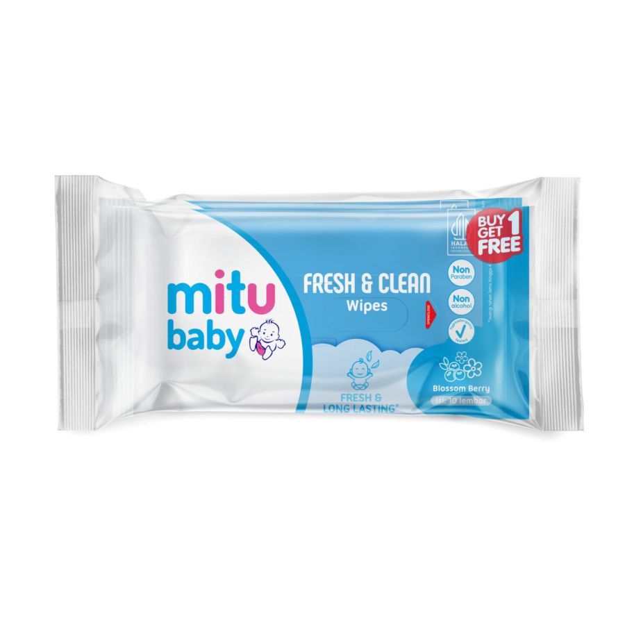 Mitu Baby Wipes Fresh & Clean Blossom Berry Travel Pack BOGOF 10 Sheets / Tissue Basah Bayi