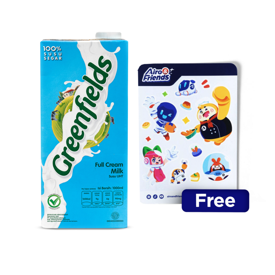 Bundle Greenfields UHT Milk Full Cream Plain /Susu UHT 1000 ml Get 1 Sticker Sheet Airo & Friends Hero