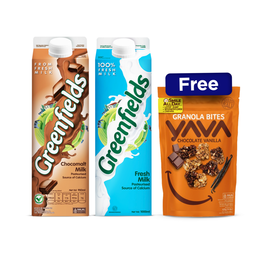 Buy Greenfields Fresh Milk Plain & Choco 950ml Free YAVA Granola 125gr