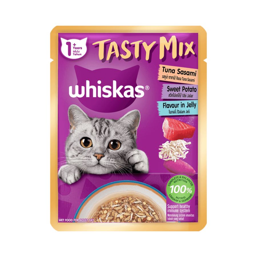 Whiskas Tasty Mix Jelly Makanan Basah Rasa Tuna Sasami 70gram