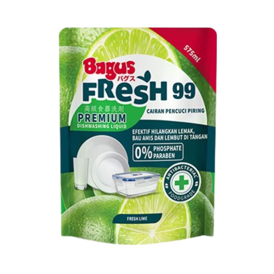 Bagus Fresh99 Premium Anti Bacterial Dish Washing Liquid Fresh Lime Pouch 575ml