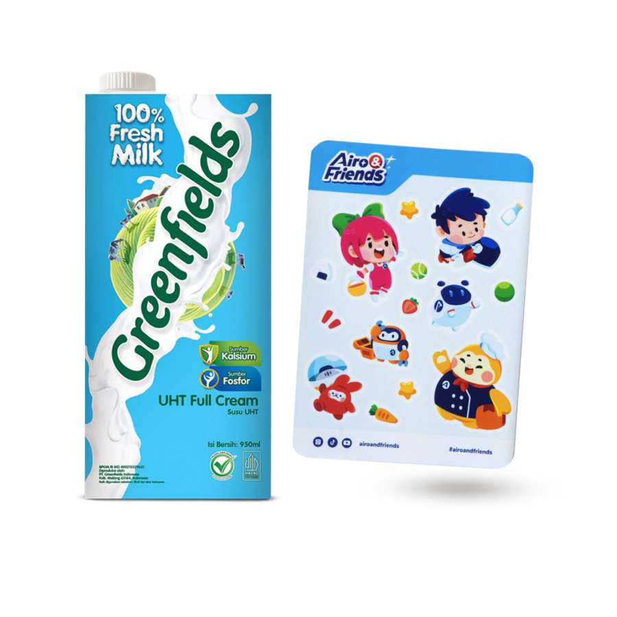 [Bundle] 1 Greenfields UHT Milk Full Cream Plain /Susu UHT 950 ml + 1 Sticker Sheet Airo & Friends Chibi