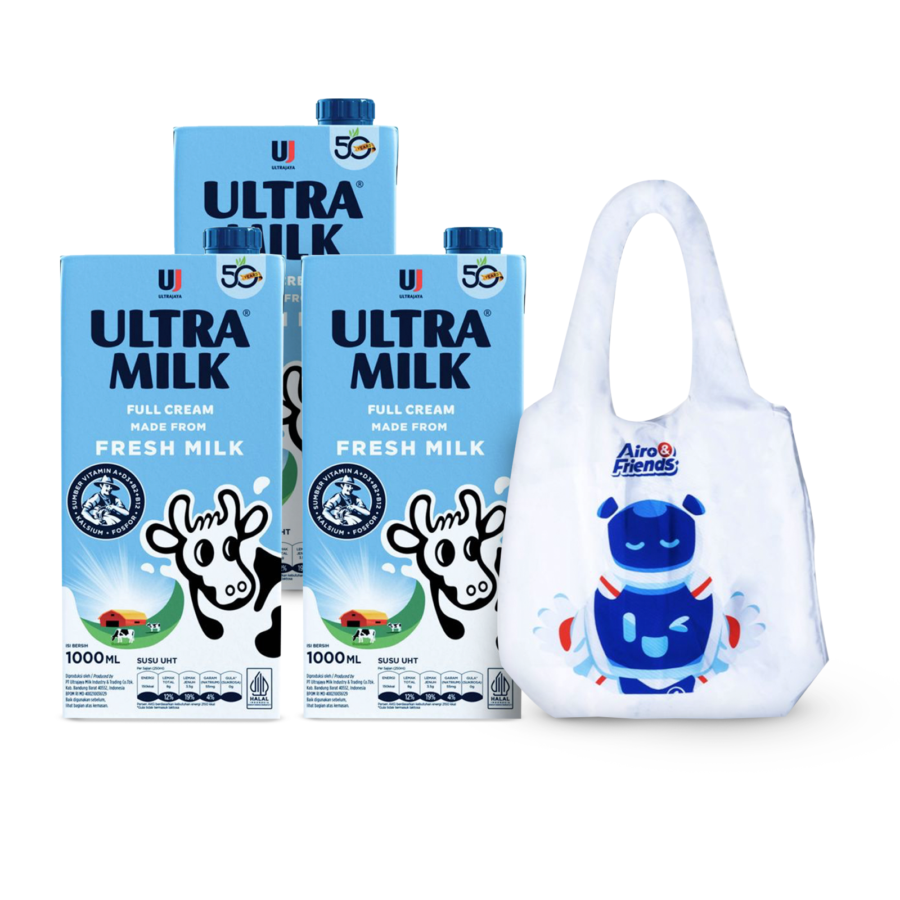 [Bundle] 3 Ultra Milk UHT Full Cream/Susu UHT 1000ml + 1 Shopping Bag Airo & IO