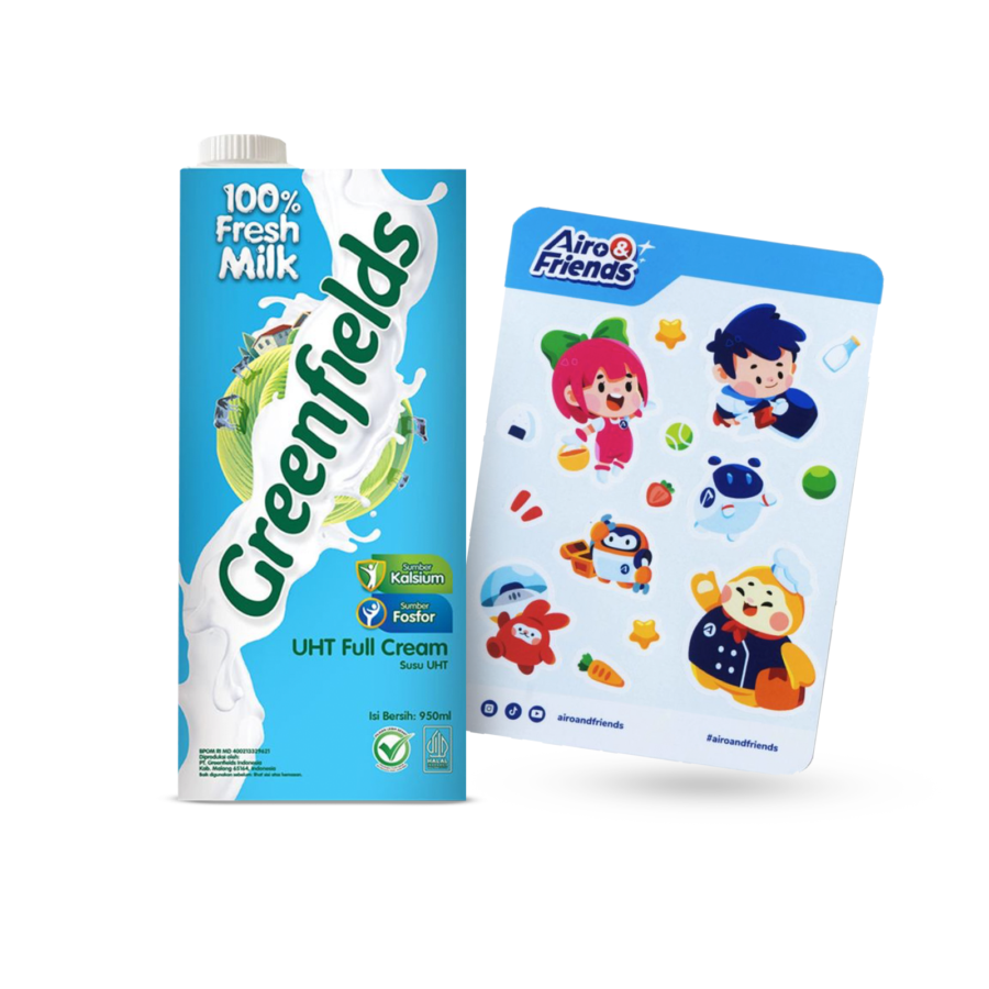 Bundle Greenfields UHT Milk Full Cream Plain /Susu UHT 950ml Get 1 Sticker Sheet Airo & Friends Chibi