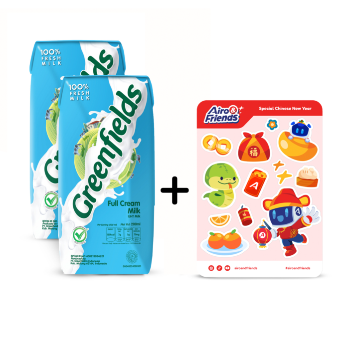 [Bundle] 2 Greenfields Susu UHT Full Cream Milk /UHT Milk 200 ml + 1 Sticker Sheet Airo & Friends - CNY Edition