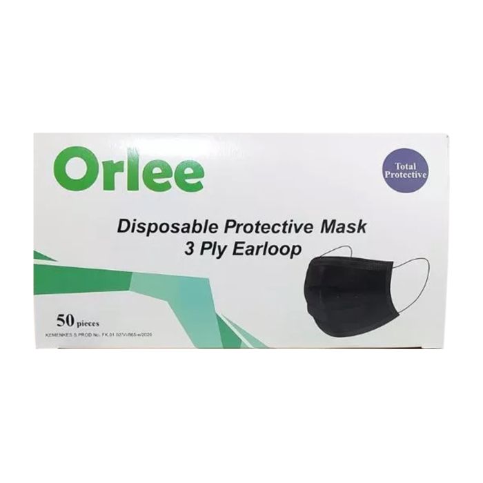 Orlee Maske Medis 3Ply Hitam Earloop Kemenkes 3Ply 50 Pcs