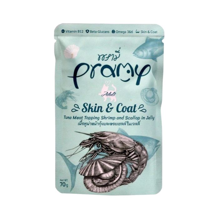 Pramy Adult Skin & Coat Tuna Meat With Shrimp And Scallop in Jelly Makanan Basah Kucing