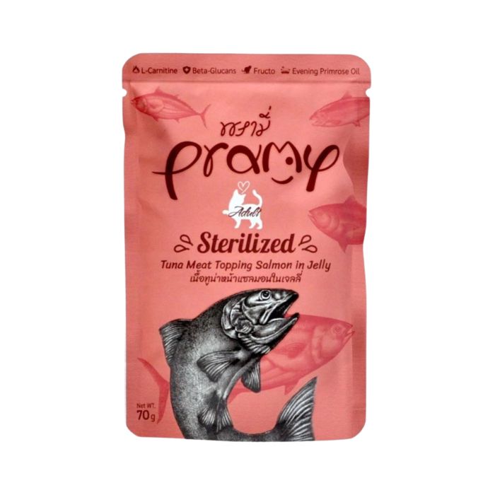 Pramy Adult Sterilized Tuna Meat With Salmon in Jelly Makanan Basah Kucing