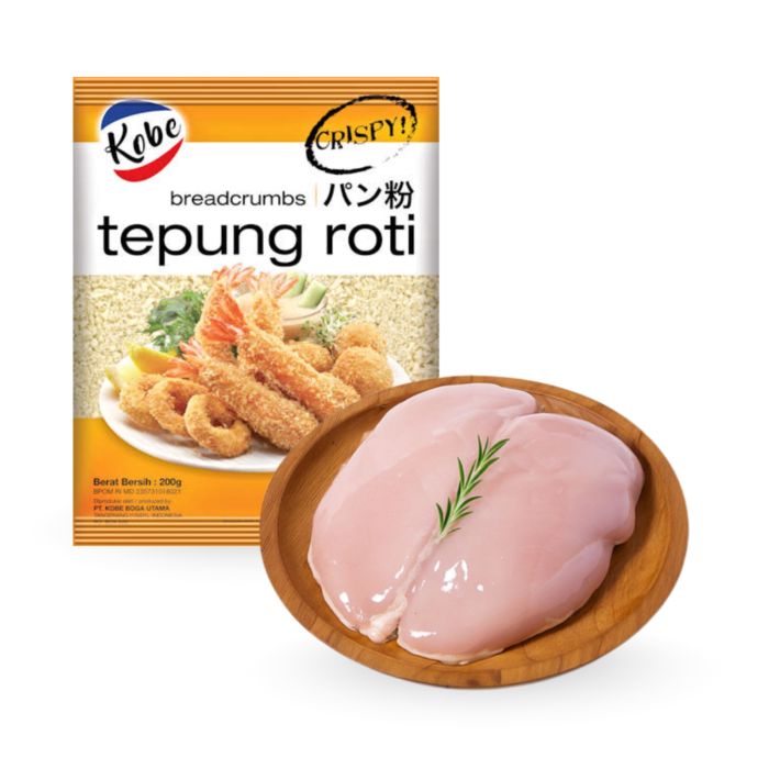 Kobe Breadcrumbs Tepung Roti Crispy 200 gram & Dada Ayam Boneless (BSB) Chicken Breast Astro Farm 450-550gram
