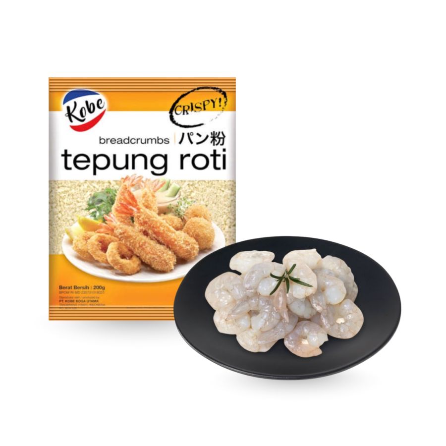 Kobe Breadcrumbs Tepung Roti Crispy 200 gram & Udang Kupas Vanamei Size L - Astro Goods 500 gram