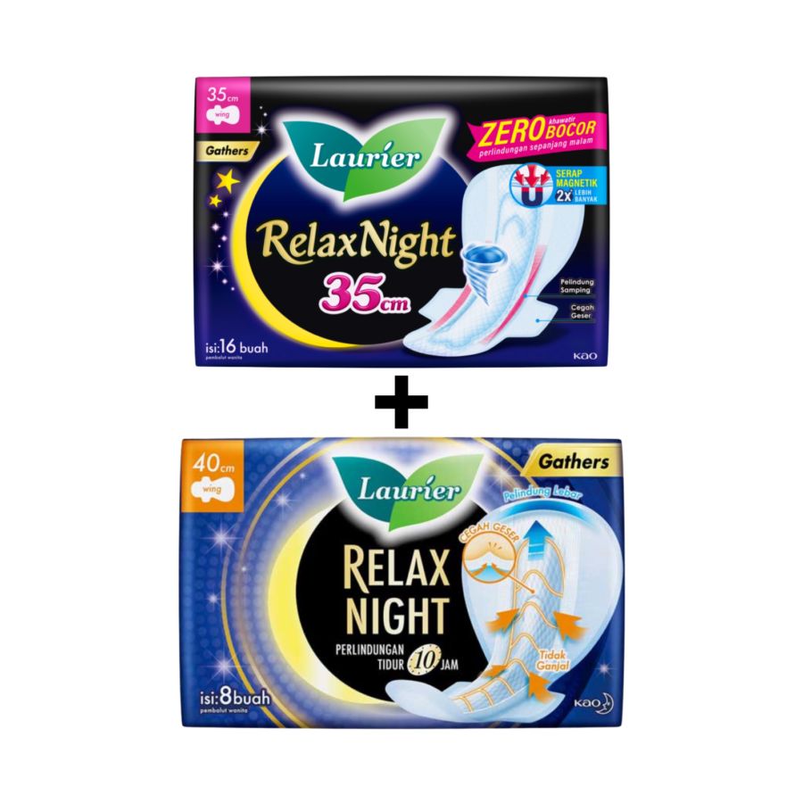 Bundle Laurier Relax Night Gather Wing 35cm Pembalut Kewanitaan 16pads & Laurier Relax Night Gather Wing 40cm Pembalut Kewanitaan 8pads