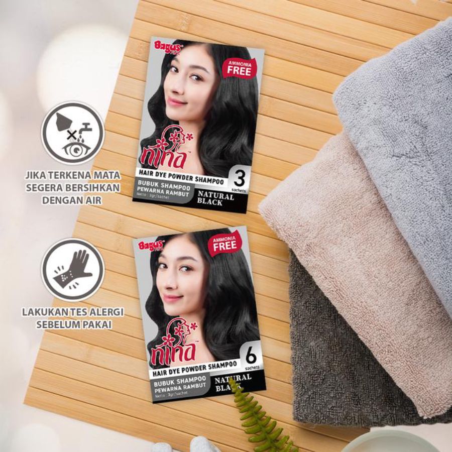 Bagus Nina Hair Dye Powder Shampoo Natural Black Pewarna Rambut 3sachets