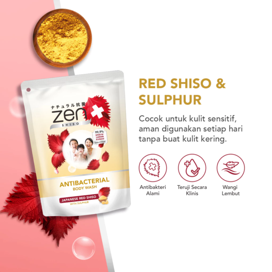 Zen Antibacterial Body Wash Red Shiso & Sulphur Pouch 400ml