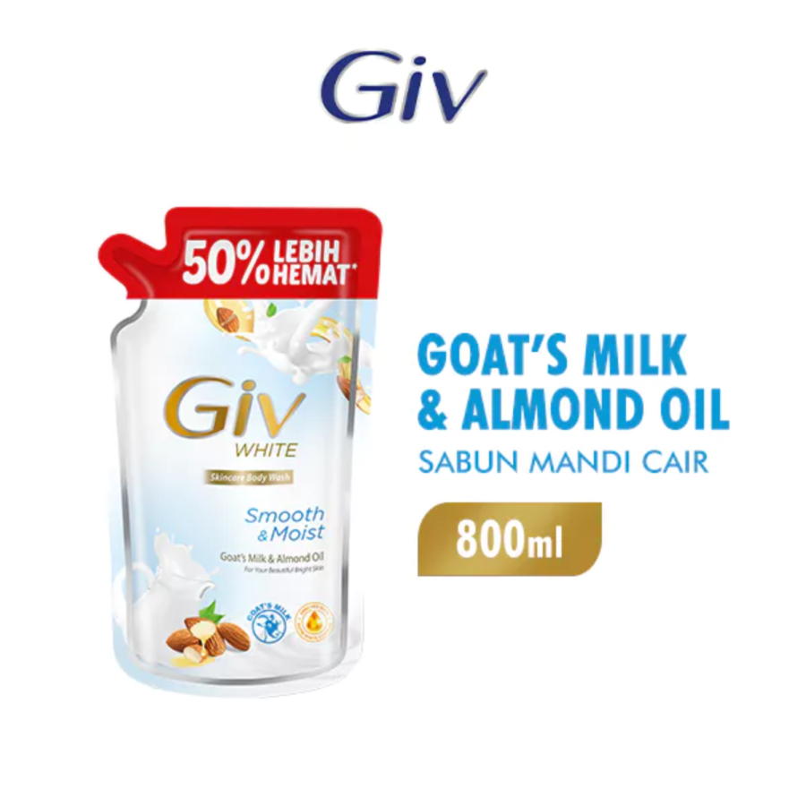 Giv White Goats Milk & Almond Body Wash Pouch 800ml