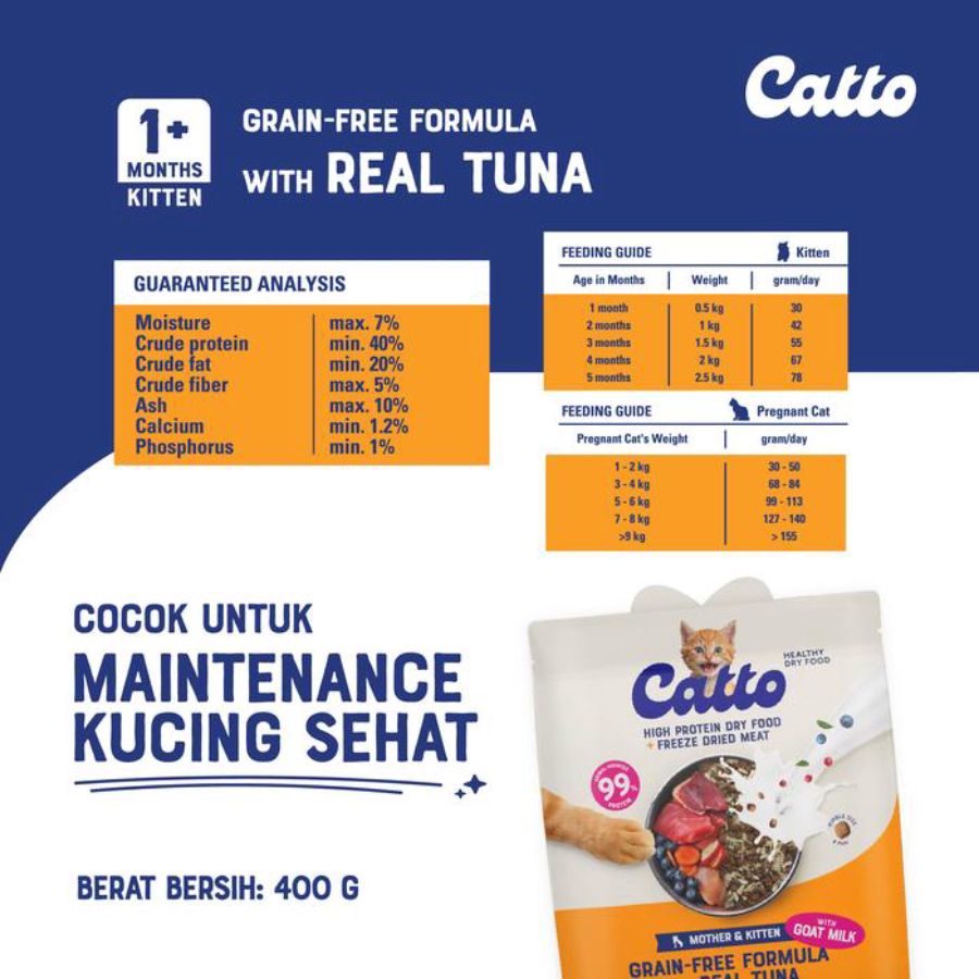 Catto Mother and Kitten Grain Free Formula Tuna Makanan Kucing Kering 400gram