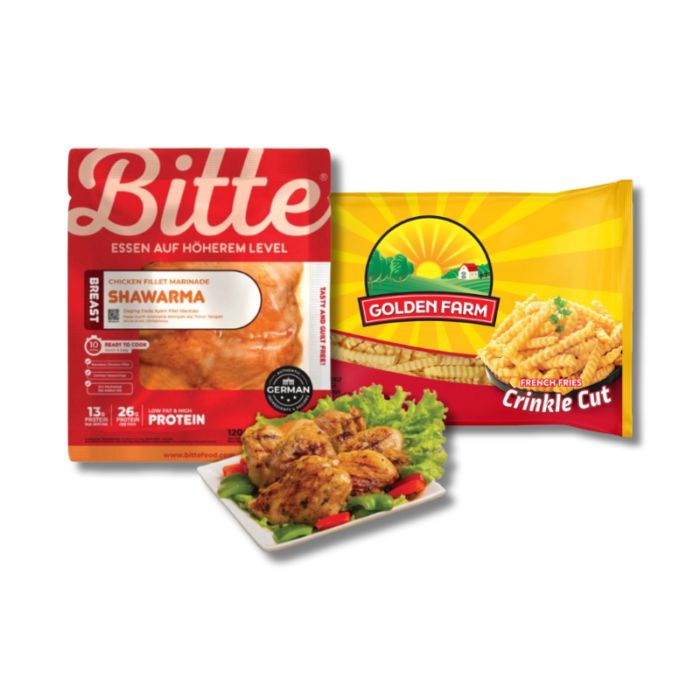 Golden Farm French Fries Crinkle Cut 500gram & Chicken Breast Fillet Marinade Shawarma Bitte/Dada Ayam 120gram