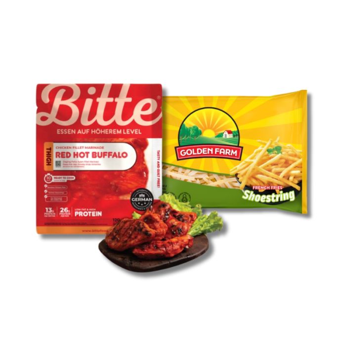 Golden Farm French Fries Shoestring 500gram & Chicken Thighs Fillet Marinade Red Hot Bitte Paha Ayam 120gram