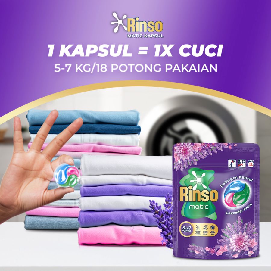 Rinso Kapsul Matic Lavender Fresh Deterjen Cair 18kapsul