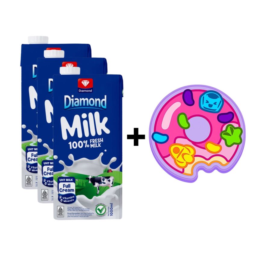[Bundle] 3 Diamond Full Cream Susu UHT 1000 ml + 1 Rubber Coaster Sparkling Donut Airo - Astro Kids 1pcs