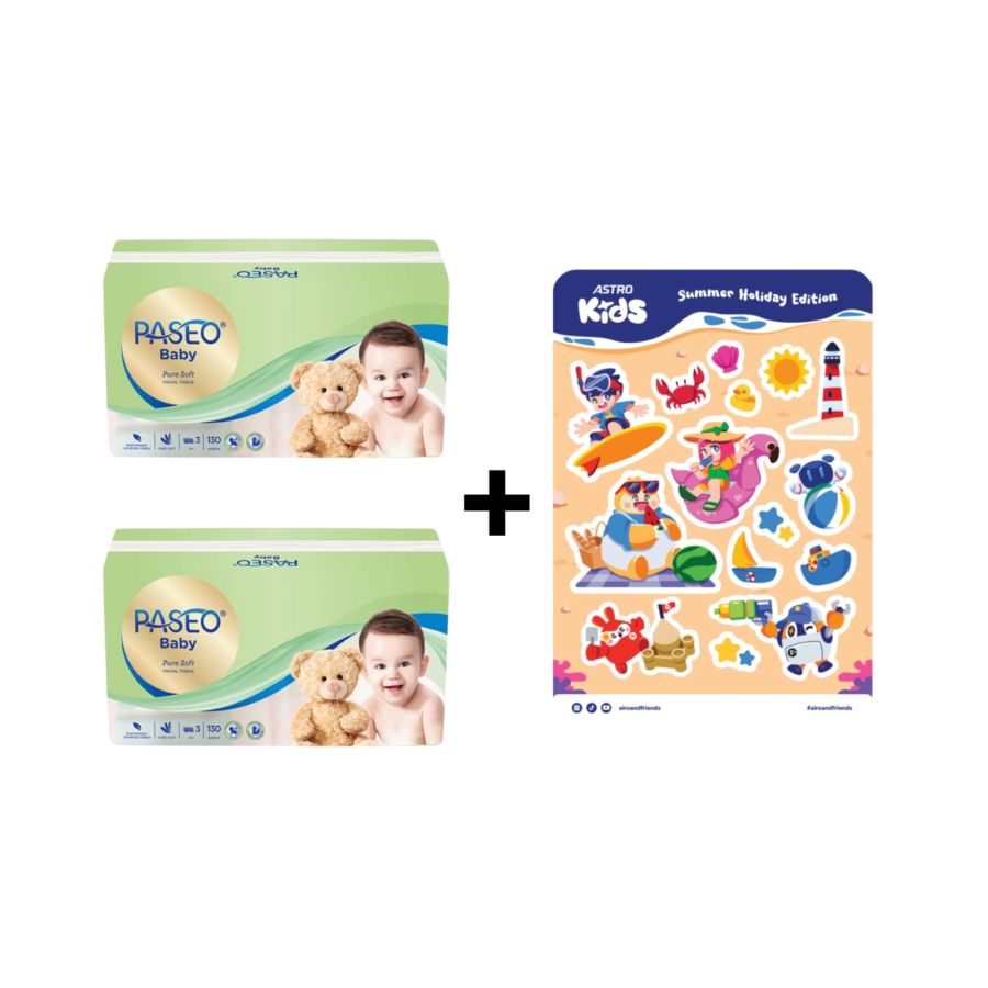 Bundle 2 Paseo Baby Pure Soft Tissue 130 Sheets + 1 Sticker Sheet Astro Kids - Summer Time 1pcs