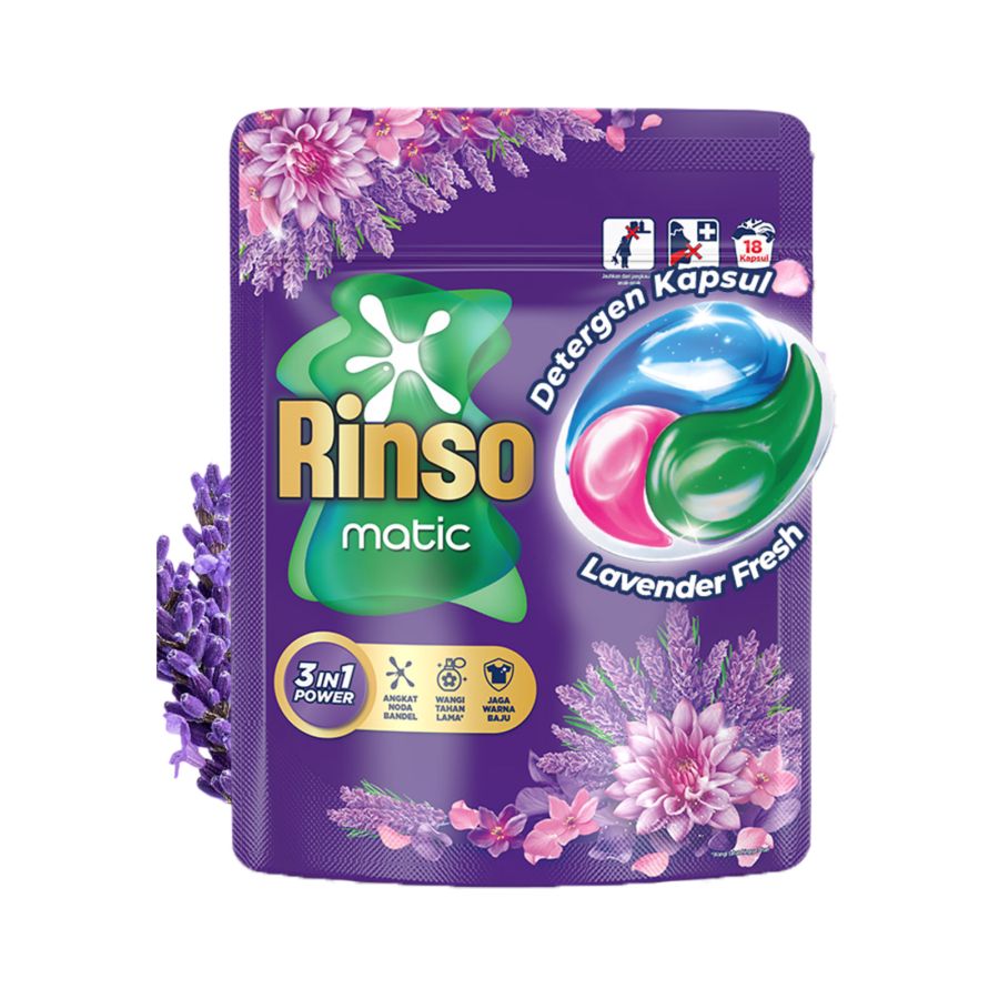 Rinso Kapsul Matic Lavender Fresh Deterjen Cair 18kapsul